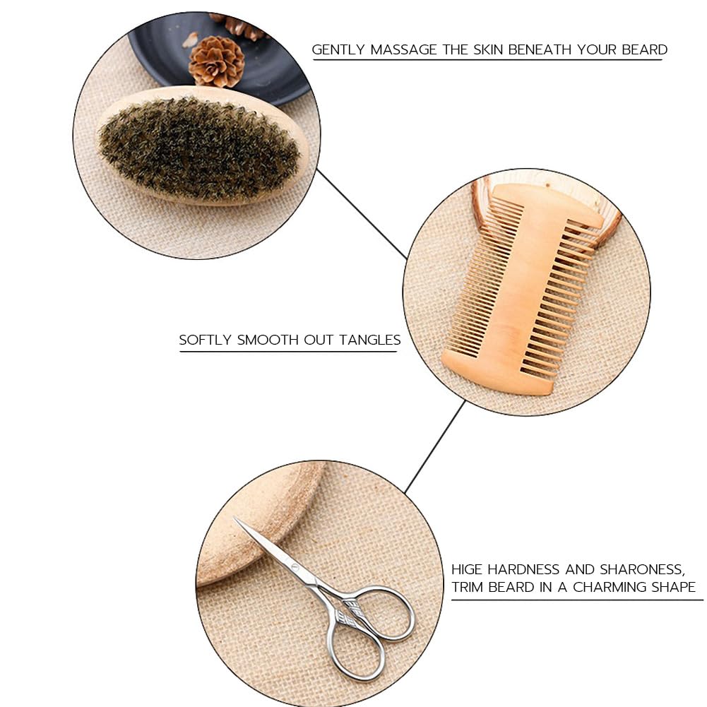 Hair Dough Beard Brush & Comb, Scissors Set for Men, Set Includes Soft Boar Bristle Brush, Bamboo Wide Tooth Comb, and Mustache Trimming Scissors