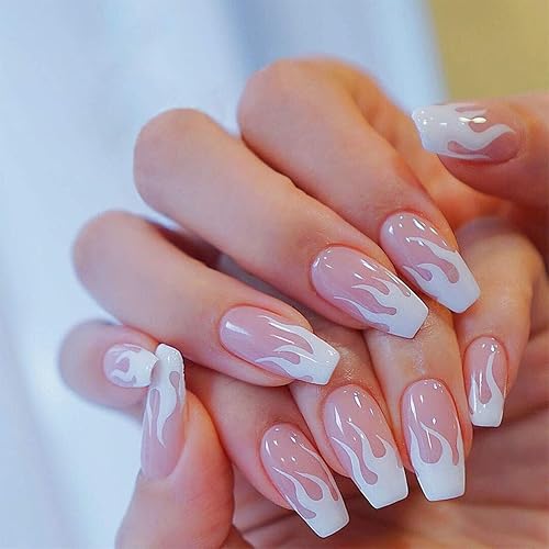BABALAL 24Pcs Medium Coffin Fake Nails Pink White Flame False Nails Glossy Ballerina Press on Nails for Women and Girls