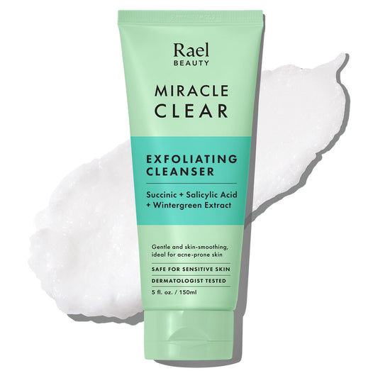 Rael Miracle Clear Face Wash 5 oz – Gentle Exfoliating Cleanser with Succinic Acid & Minerals, Hydrating Daily Formula for Acne-Prone & Sensitive Skin
