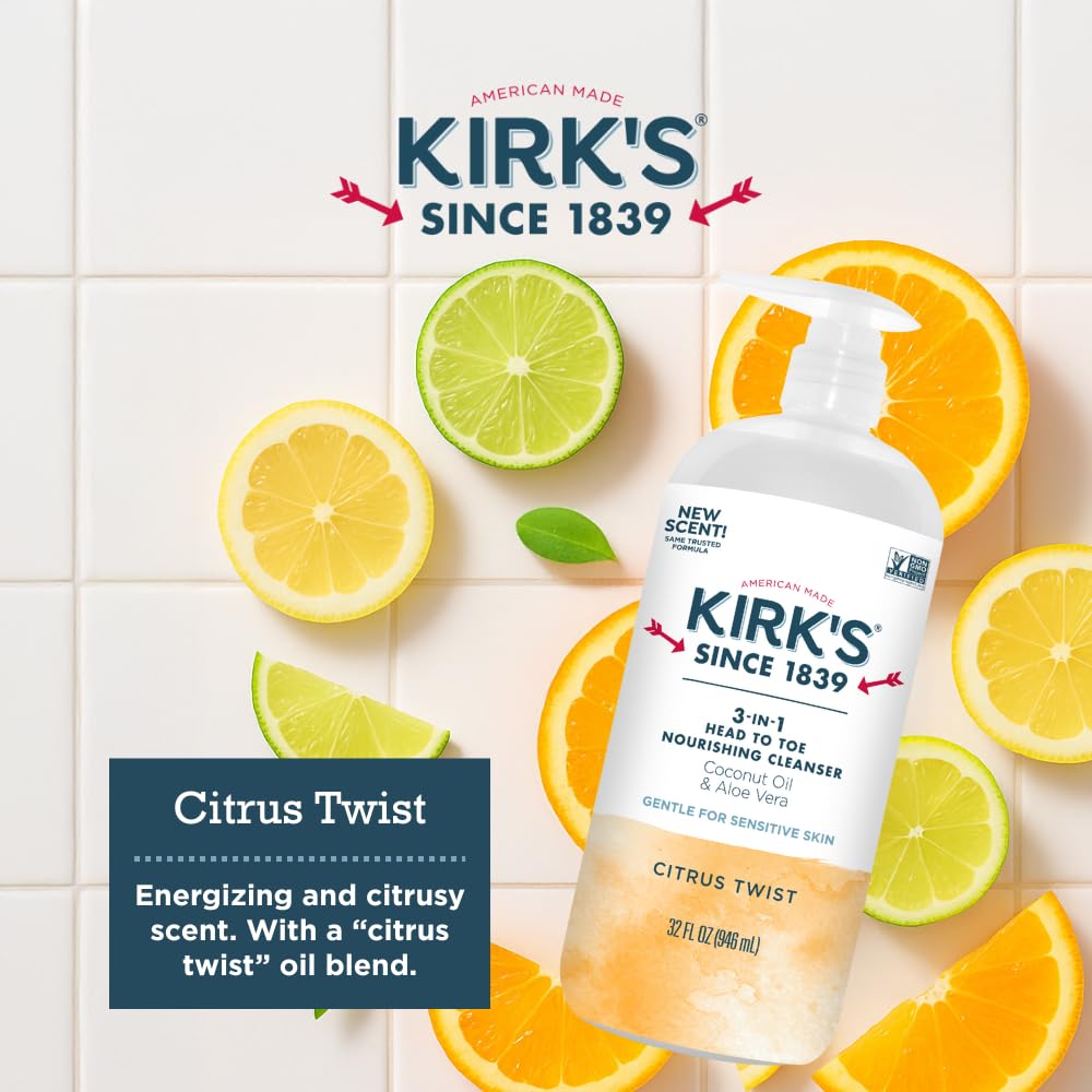 Kirk's Citrus Twist 3-in-1 Nourishing Cleanser, Shampoo Body Wash Bubble Bath, Coconut Oil and Aloe Vera, Vegan Non-GMO, 32 Fl Oz Beauty & Personal Care Kirk's