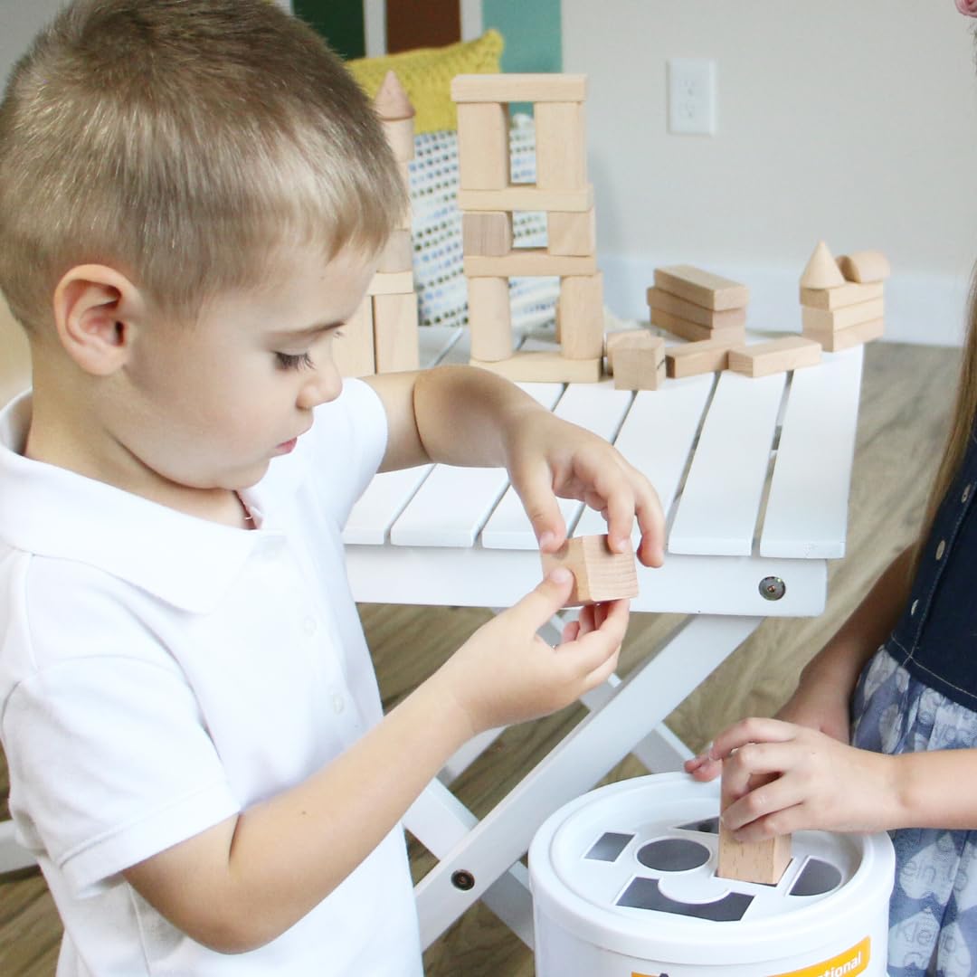 Pidoko Kids Wooden Blocks 100pcs – Natural Beech Wood Building Set with Storage & Shape Sorter Lid, Preschool Learning Toys