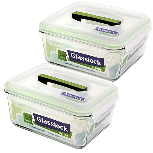 Glasslock Airtight Anti Spill Rectangular Handy Food Container set of 2 Tempered Glass 1800ml/7.6cup RP601 Microwave Safe