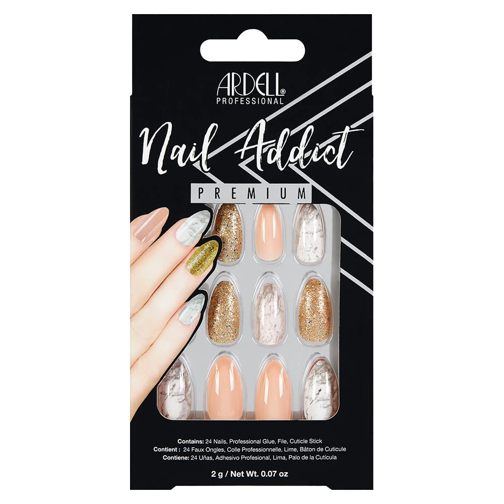 Ardell Nail Addict Premium Press On Nails - Pink Marble & Gold, Almond Fake Nails, 24-Pc Nail Extensions with Glue, Nail File & Cuticle Stick Beauty & Personal Care Ardell