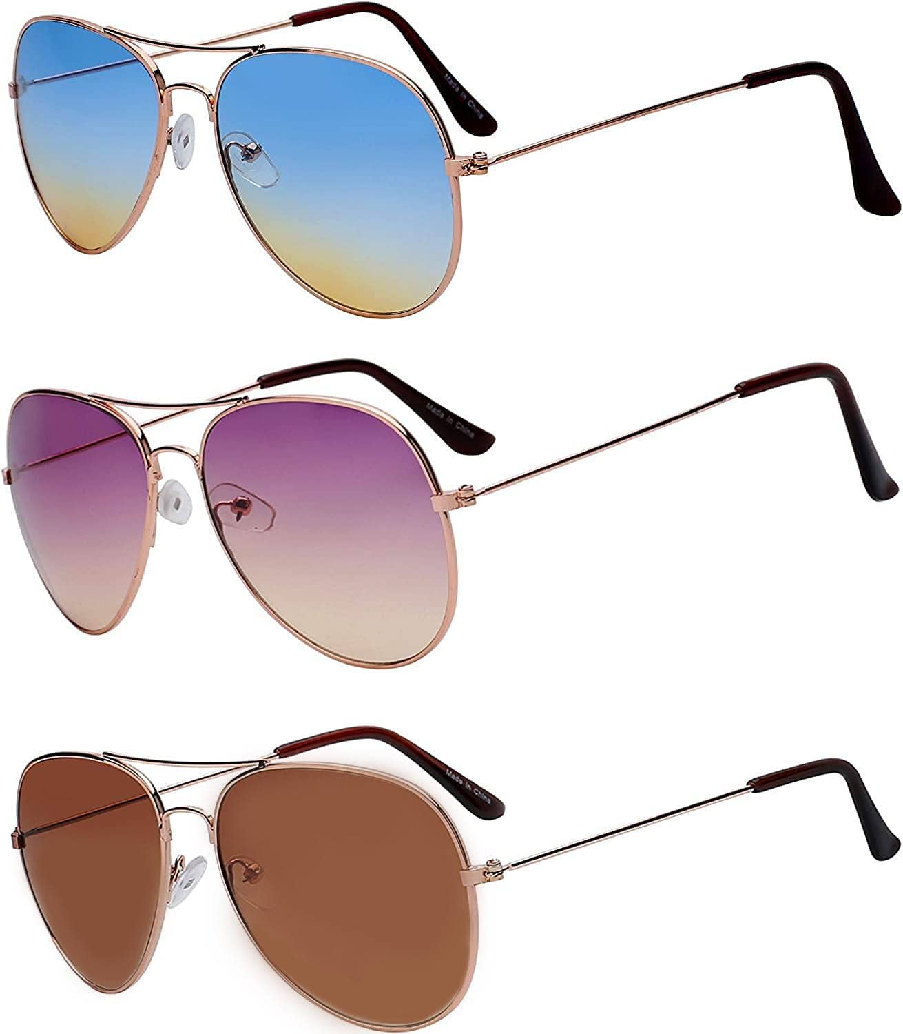Classic Aviator Style Sunglasses Brown Color Lens Bronze Color Frame UVB Protection 3 Pairs
