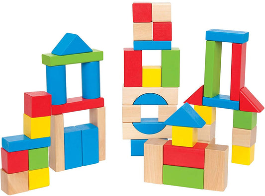 Hape Maple Wood Kids Building Blocks – 50pc Brightly Colored Stacking Set with Assorted Shapes & Sizes for Toddlers