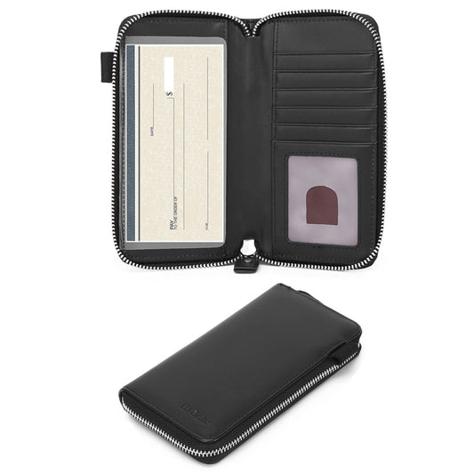 Genuine Leather Zipper Checkbook Cover with Divider & Card Holder Italian Calfskin, For Men & Women, Deluxe Check Holder RFID Blocking