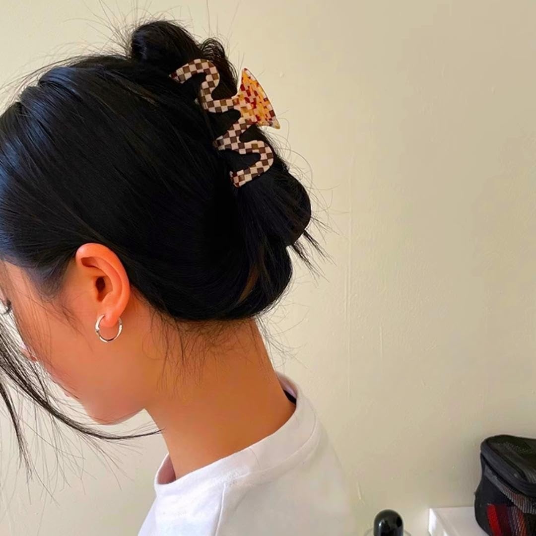 Large Tortoise Shell Claw Clip 3.5 Inch Cellulose Acetate Hair Claw Clips Checkered Hair Claw Clips French Design Hair Jaw Clamp for Women Ladies (2