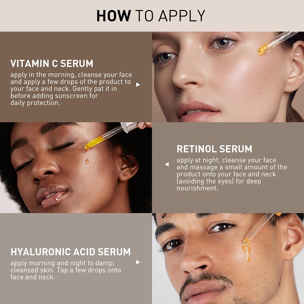 Aiwei Facial Serum Set - Includes Vitamin C, Retinol & Hyaluronic Acid - Improve Skin Texture, Glow & Hydration - Day and Night Face Serums for All