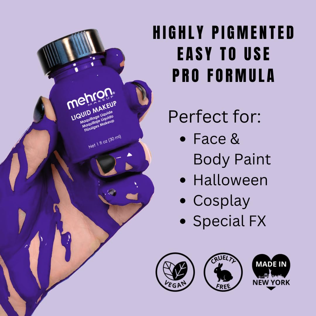 Mehron Makeup Liquid Makeup | Face Paint and Body Paint Perfect for Halloween, Cosplay I Air Brush Compatible Body Paint (1 oz) (PURPLE)