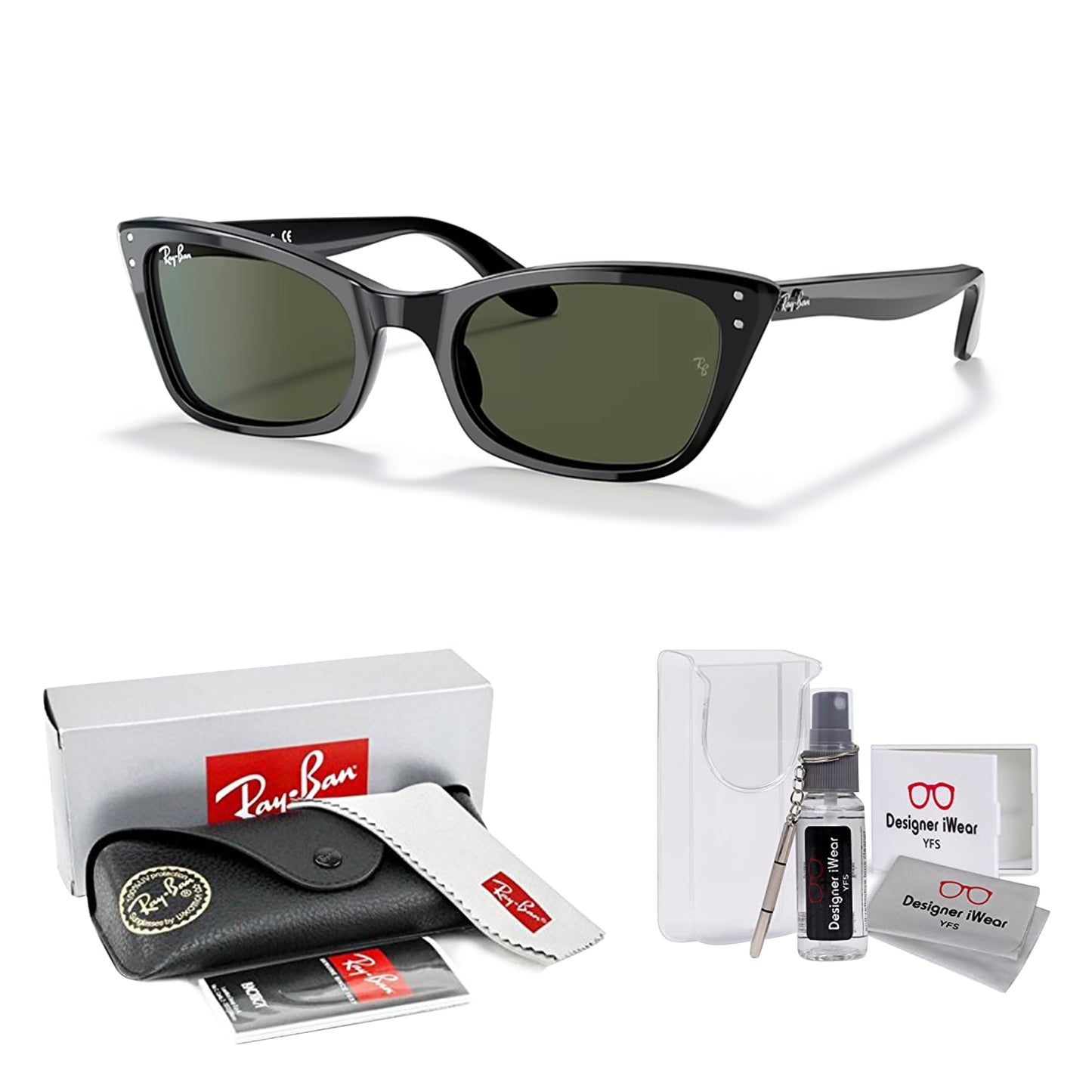 Ray-Ban Lady Burbank RB2299 901/31 55MM Black/Crystal Lens Green Cateye Sunglasses for Women +BUNDLE with ACCESSORY EYEWEAR KIT