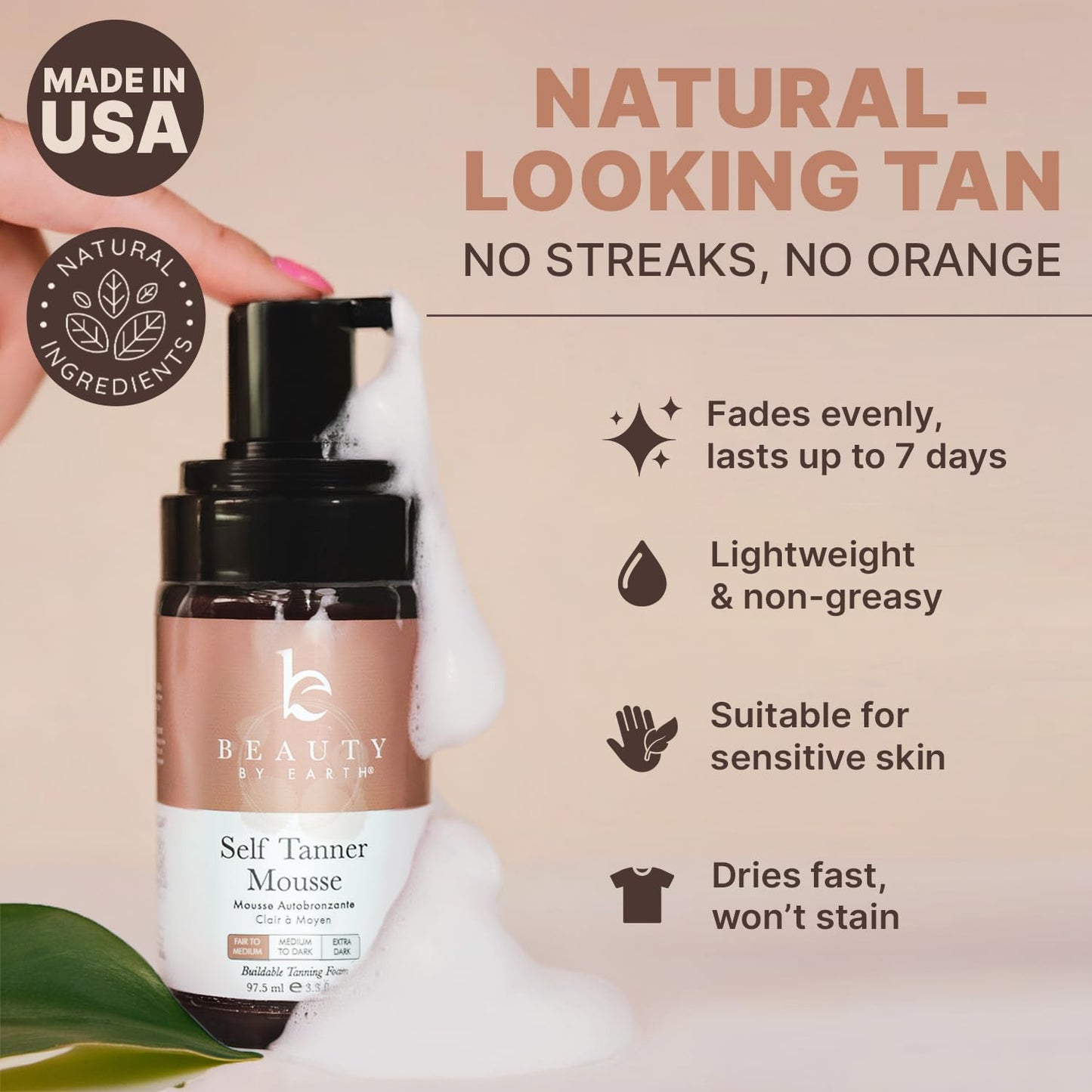 Self Tanner Mousse - USA Made with Natural & Organic Ingredients, Self Tanning Mousse for Fake Tan, Sunless Tanner for Pale Skin, Clear & Non Toxic