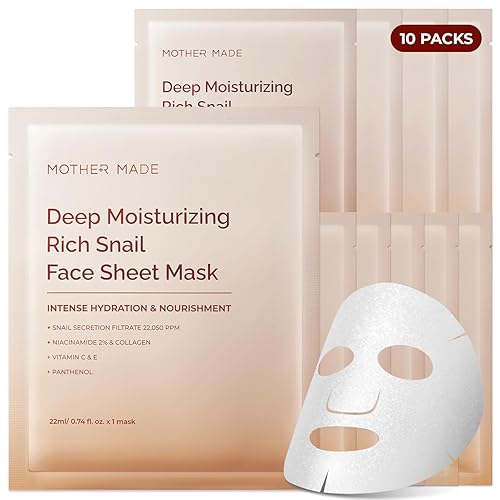 MOTHER MADE Glowing Glass Skin Hydrating Snail Deep Collagen Face Masks 10 EA, with Niacinamide 2%, Vitamin E, Facial Masks for Dry, Sensitive Skin