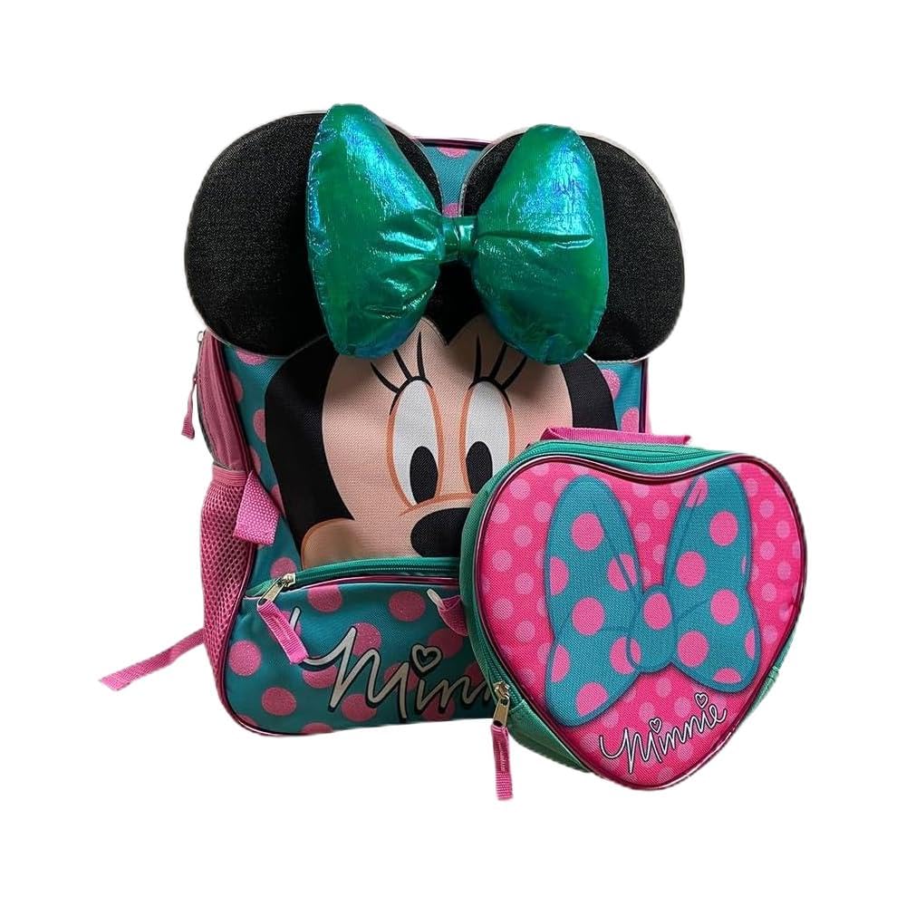 Minnie Mouse 16-Inch Backpack and Lunch Box Set for Girls, Cute School Bag with Heart-Shaped Lunchbox, Mesh Side Pockets, and Padded Straps, Perfect for School or Travel