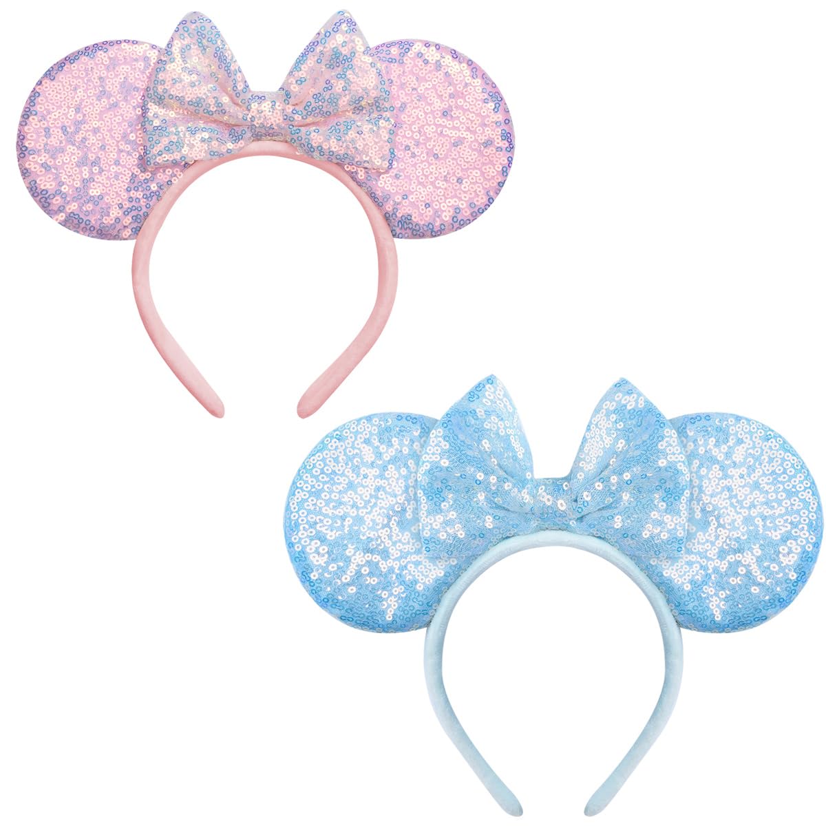 Seamoy Mouse Ears headband,2pcs Sequin Headband Glitter Hairband for Baby Shower Headwear Halloween Theme Party Decorations (Pink&Blue)