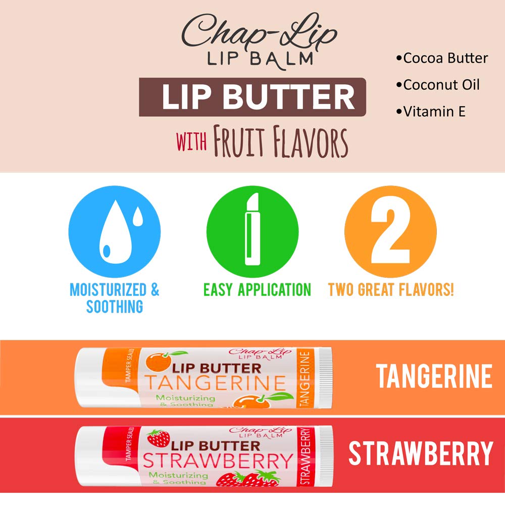 CHAP-LIP Lip Butter Lip Balm with Fruit Flavors, Cocoa Butter, Coconut Oil | Moisturizing Vitamin E & Total Hydration Treatment & Soothing Lip Therapy