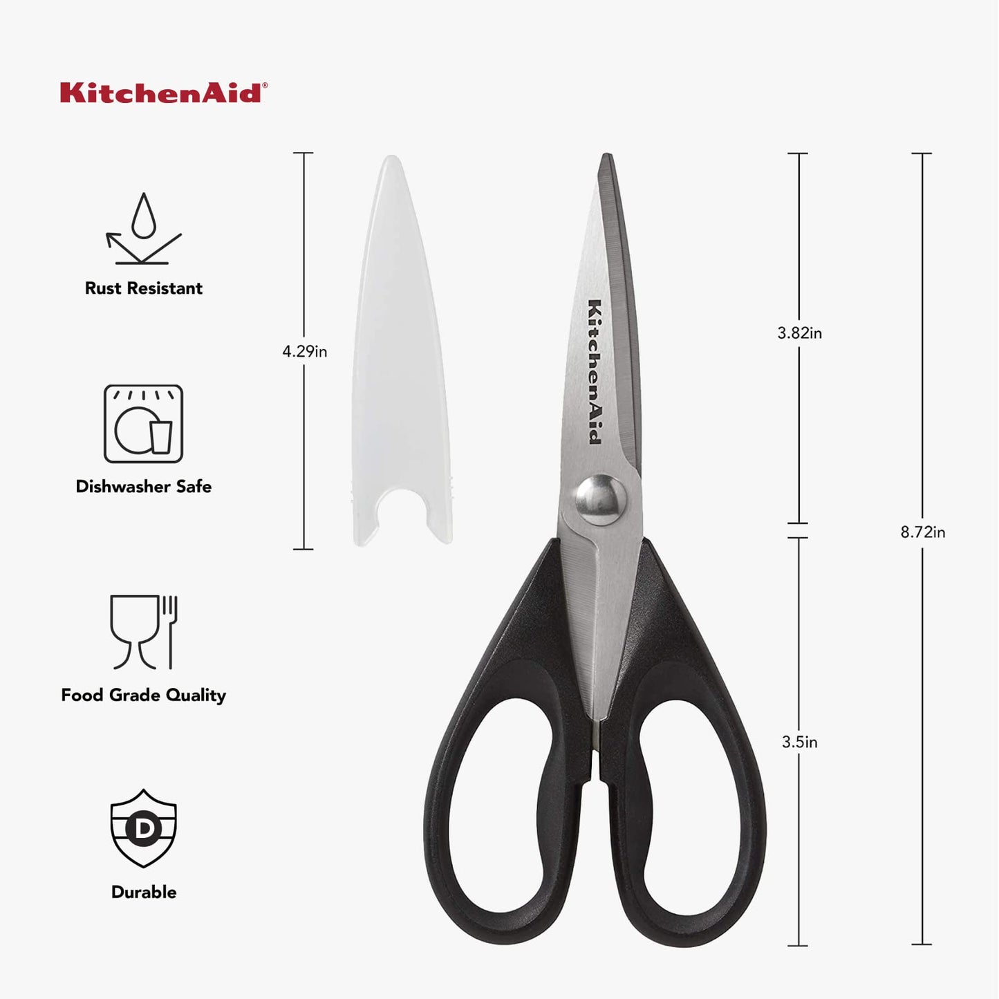 KitchenAid All-Purpose Kitchen Shears with Protective Sheath, Stainless Steel, Soft Grip Handle, Dishwasher Safe, 8.72", Black