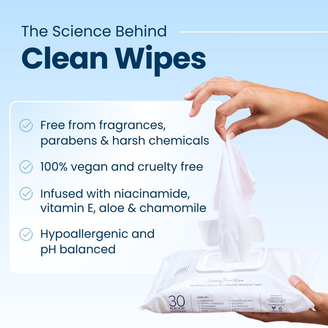 Clean Skin Club Clean Wipes, XL Makeup Remover Face Wipes, Textured Cleansing Facial Wipes for Sensitive Skin, Hypoallergenic, Fragrance-Free, Vegan