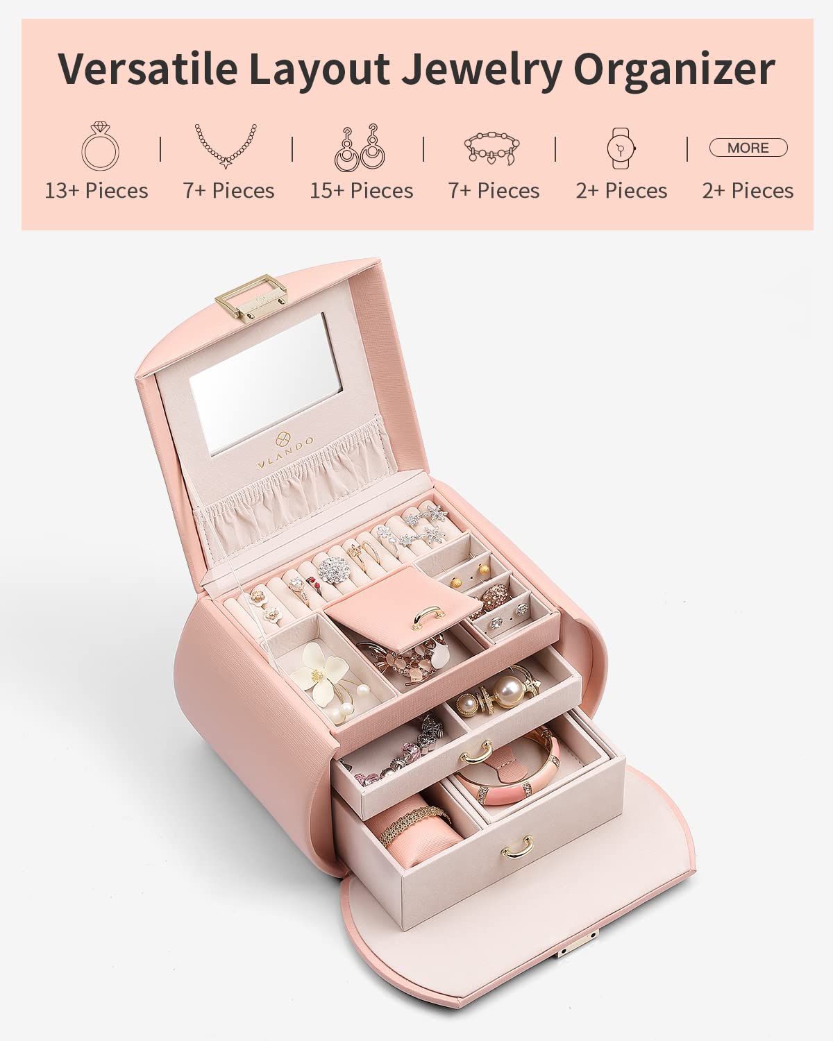 Vlando Princess Style Jewelry Box for Girls Jewelry Box Girls 12-14 3-Layer Kids Jewelry Box with Mirror Little Girls Jewelry Box 8-12 Birthday Gift…