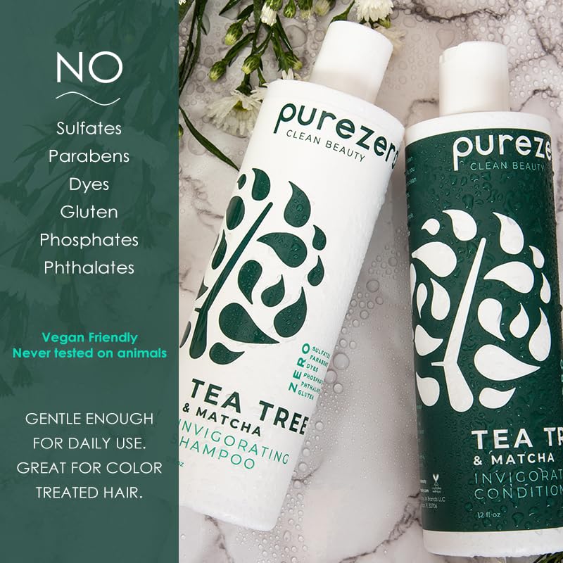 Purezero Tea Tree & Matcha Shampoo and Conditioner Set - Nourishing & Invigorating Scalp Treatment - Zero Sulfates, Parabens, Dyes Vegan and Cruely