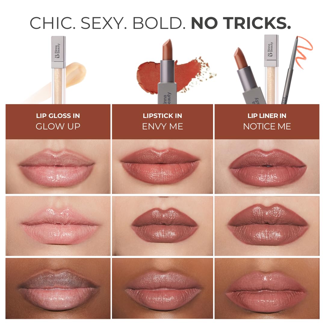 Rinna Beauty Icon Lip Kit - Showstopper- All-in-One Lip Kit Includes Lipstick, Lip Gloss, Lip Liner - Cool Brown look - Vegan, Long-Lasting,