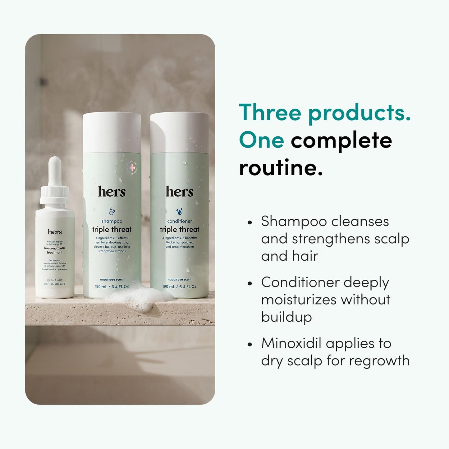 HIMS and HERS Triple Threat Shampoo - Conditioner and 2% Minoxidil Set - Biotin - Saw Palmetto and Pumpkin Seed Oil - Regrowth for Women - Color-Safe