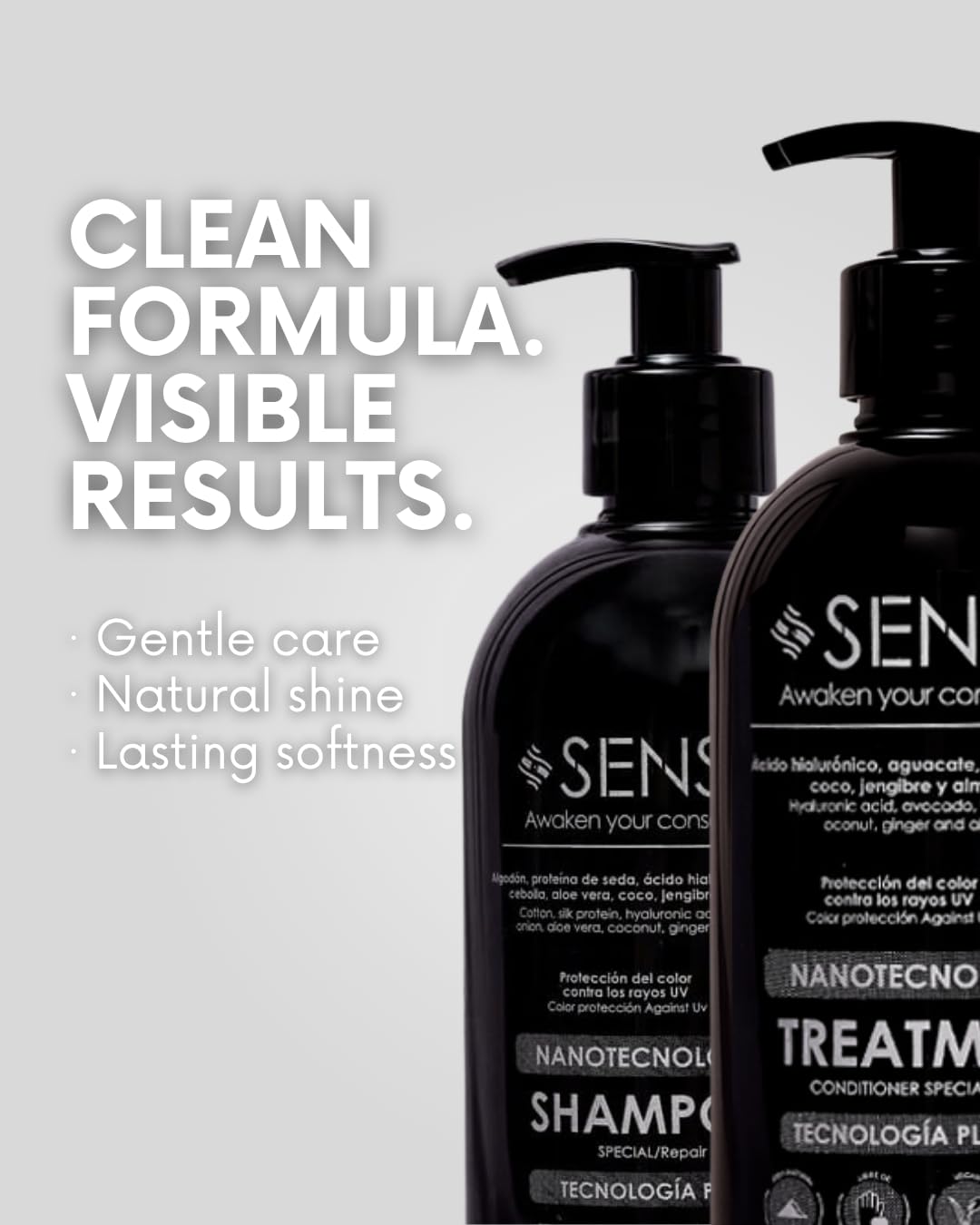 SENSE AWAKEN YOUR CONSCIENCE Nanotech Plex Repair Shampoo & Conditioner Set - Bond Restoration with Hyaluronic Acid, Coconut, Ginger & Q10 - 2 x 500