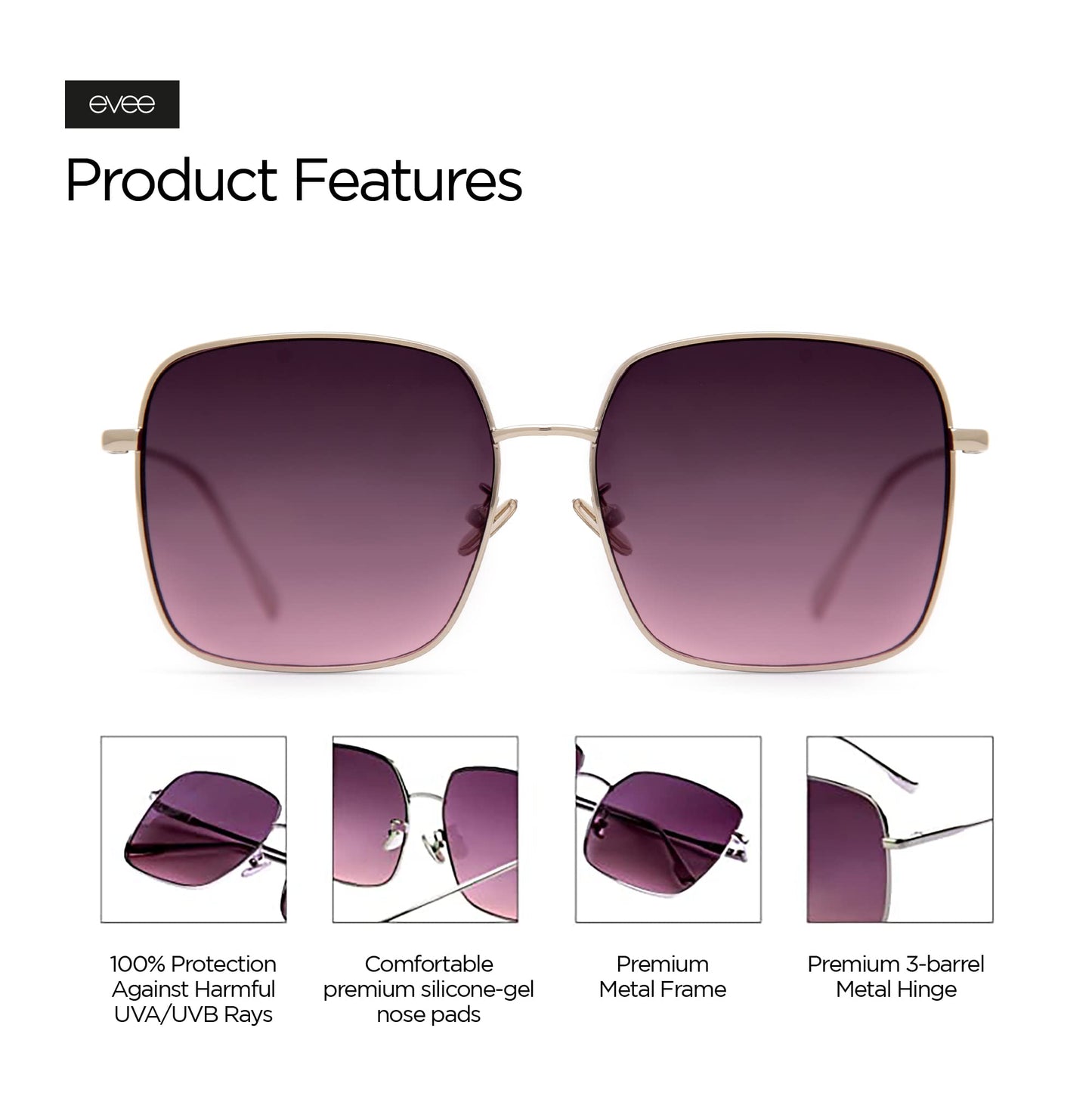 EVEE Square Oversized Sunglasses For Women with Flat Lenses and Metal Frame - Silver Gradient Oversized Square Sunglasses - (Kelly)