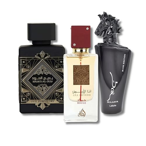 Lattafa Perfumes Bade'e Al Oud For Glory, Maahir Black & Ana Abiyedh Rouge EDP-100ml(3.4 oz)