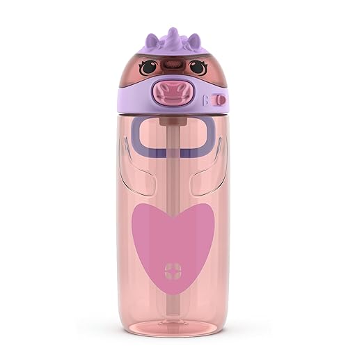 Ello Ellies 16oz Plastic Kids Water Bottle with Straw and Built-in Carrying Handle and Leak-Proof Locking Lid for School backpack, Lunchbox