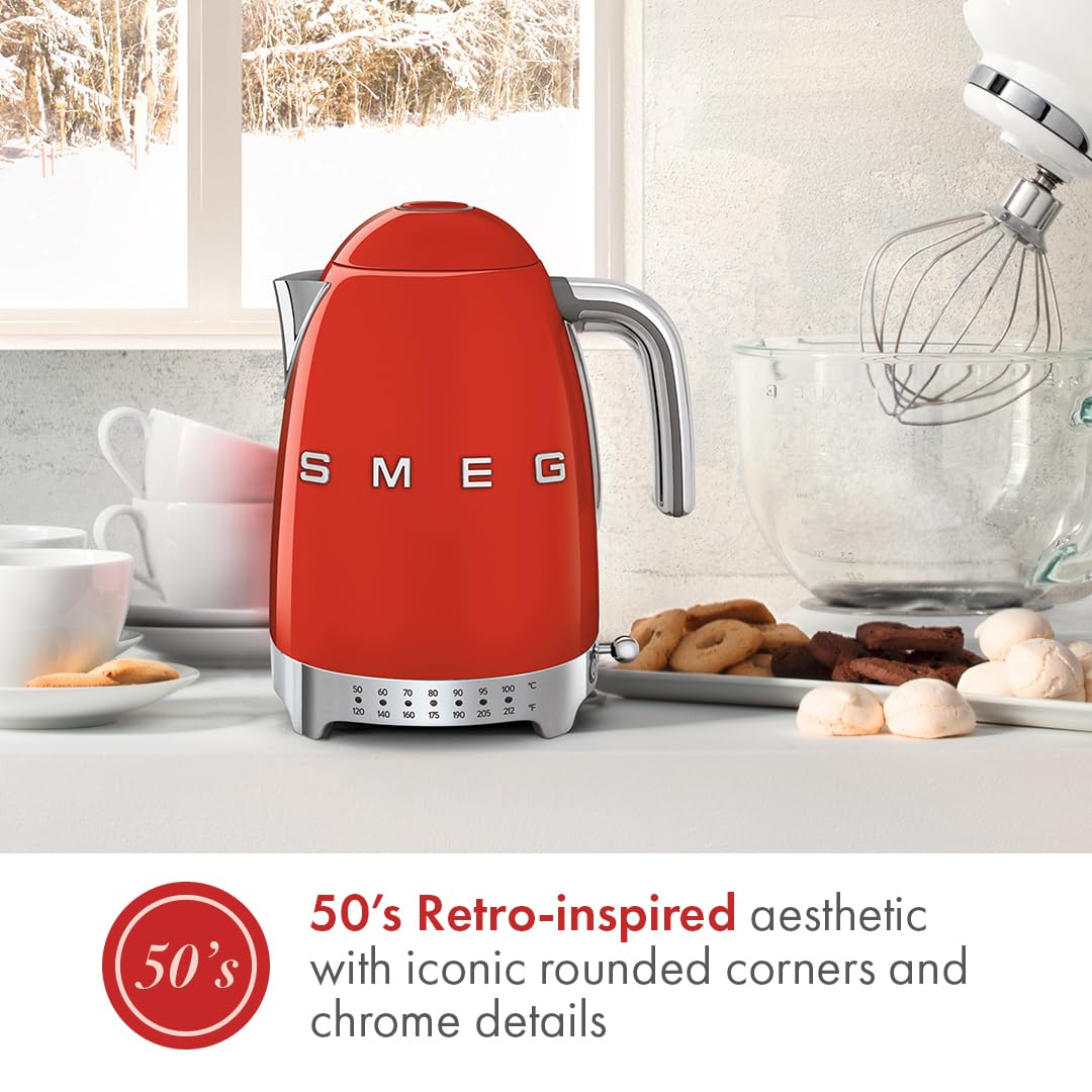 SMEG 7-Cup Variable Temperature Electric Kettle - Retro Style Aesthetic with Advanced Technology - Stainless Steel, 1400W, 120V, 360° Swivel Base…
