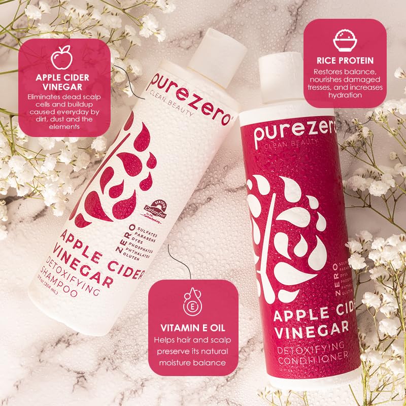 Purezero Apple Cider Vinegar Shampoo & Conditioner Set - Detox Scalp & Hair - pH balanced -Increase Hydration - Zero Sulfates, Parabens, Dyes - 100%