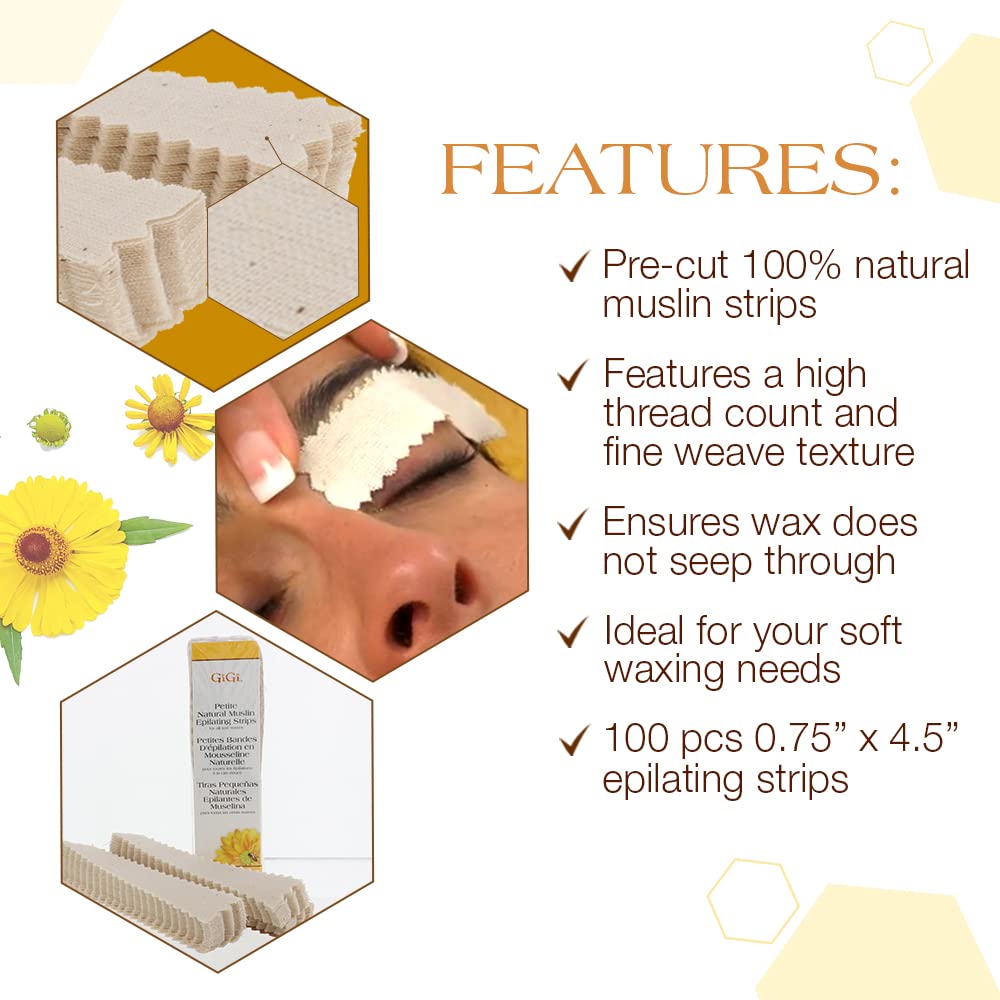 GiGi Waxing Strips for Hair Waxing/Hair Removal, Petite Natural Muslin, 100 Epilating Strips