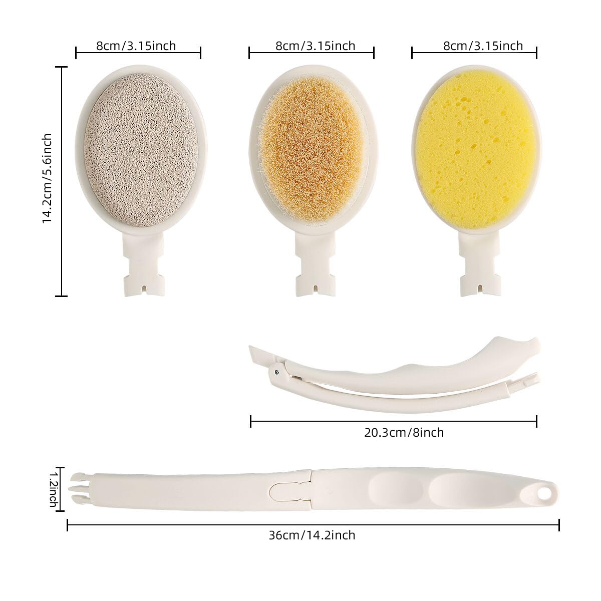 LFJ 19" Long Handle Shower Sponge Brush Set, 3 in 1 Body Brush, Bath Sponge and Lotion Applicator Improved Skin Health, Suitable for Men and Women