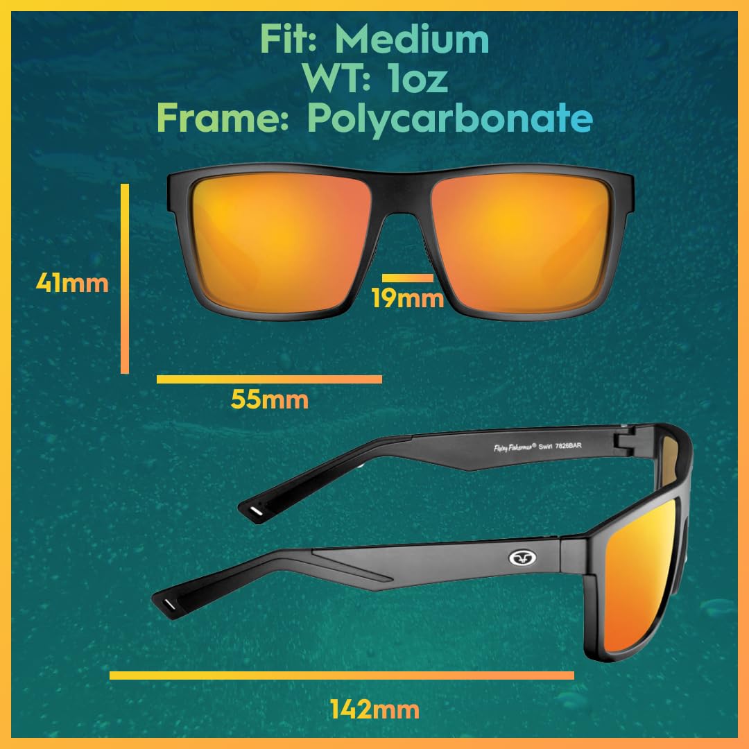 Flying Fisherman Swirl Rectangular Polarized Sunglasses, Matte Black Frame/Amber-Red Mirror Lens, Medium