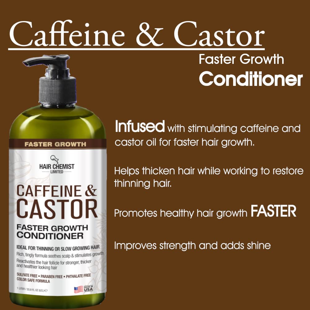 Hair Chemist Caffeine & Castor Large Shampoo/Conditioner/Hair Oil 3-PC Boxed Gift Set - Sulfate Free Shampoo & Conditioner for Growth