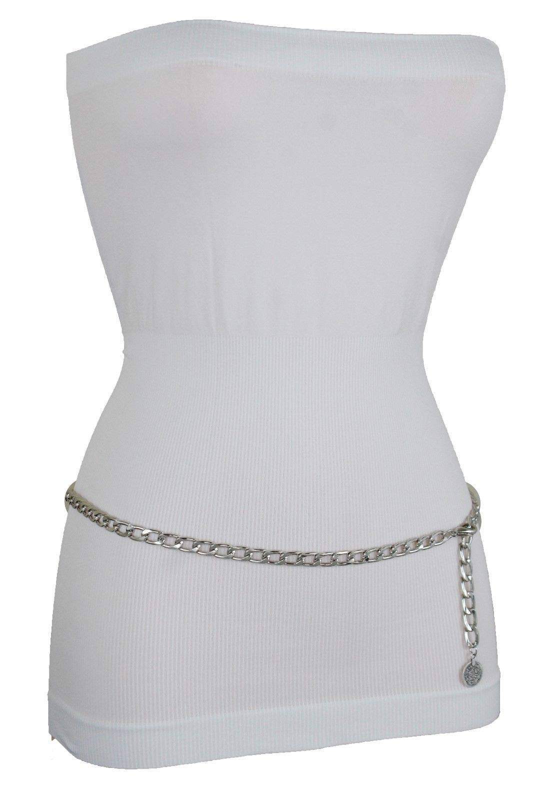 Women Skinny Waistband Belt Silver Metal Chain Links Coin Charm Buckle Size XS S M