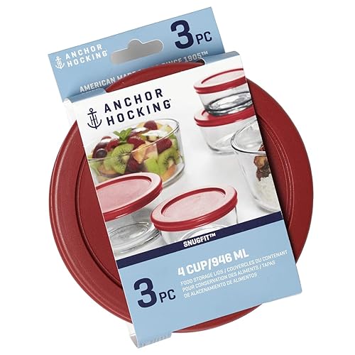 Anchor Hocking Replacement Lids for Glass Food Storage, 4 Cup Round, Set of 3 (Also Compatible with Pyrex Glass Food Storage)