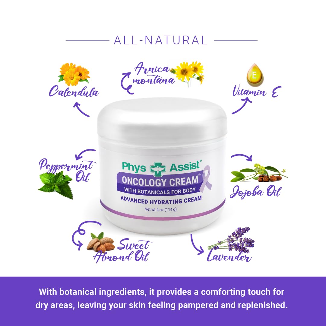 PhysAssist - Oncology Body Cream with Botanicals, 4 oz. Soothing and Hydrating to Stressed Skin. Made with Oils of Lavender, Calendula