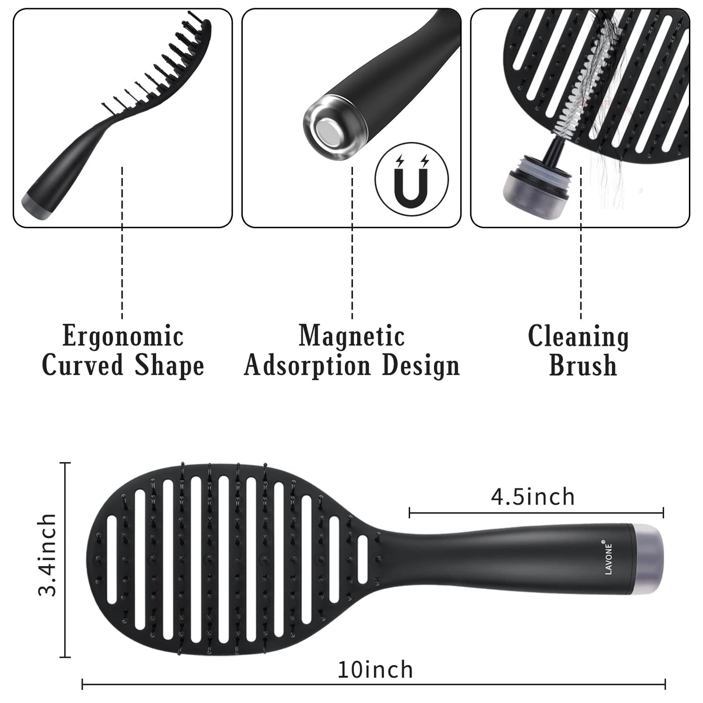 Curved Vented Hairbrush Faster Blow Drying - Detangling Brush with Built in Cleaner, Magnetic Holder and Hair Clips for Women, Men & Kids - Black
