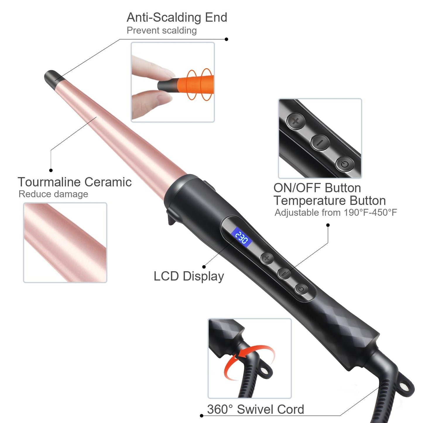 Hair Curling Wand, 1/2-1 Inch Tapered Curling Iron for All Hair Types, Professional Ceramic Hair Curler Wand with Adjustable Temperature 190-450?
