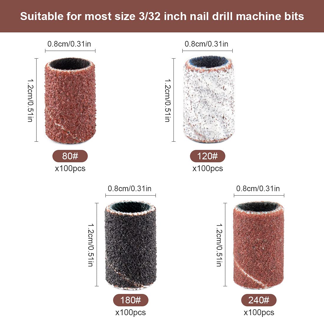 Rolybag Sanding Bands for Nail Drill 240 Pieces 3 Color Coarse Fine Grit Efile Sand Set 80#120#180#240#,2 Pieces 3/32 Inch Nail Drill Bits