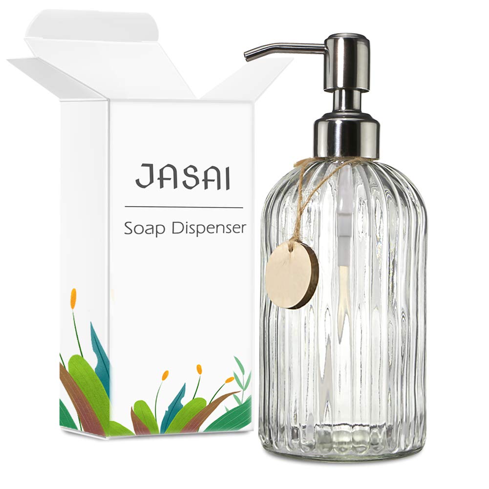 JASAI 18oz Clear Glass Soap Dispenser with Rust-Proof Stainless Steel Pump for Bathroom or Kitchen – Refillable Hand Soap Bottle
