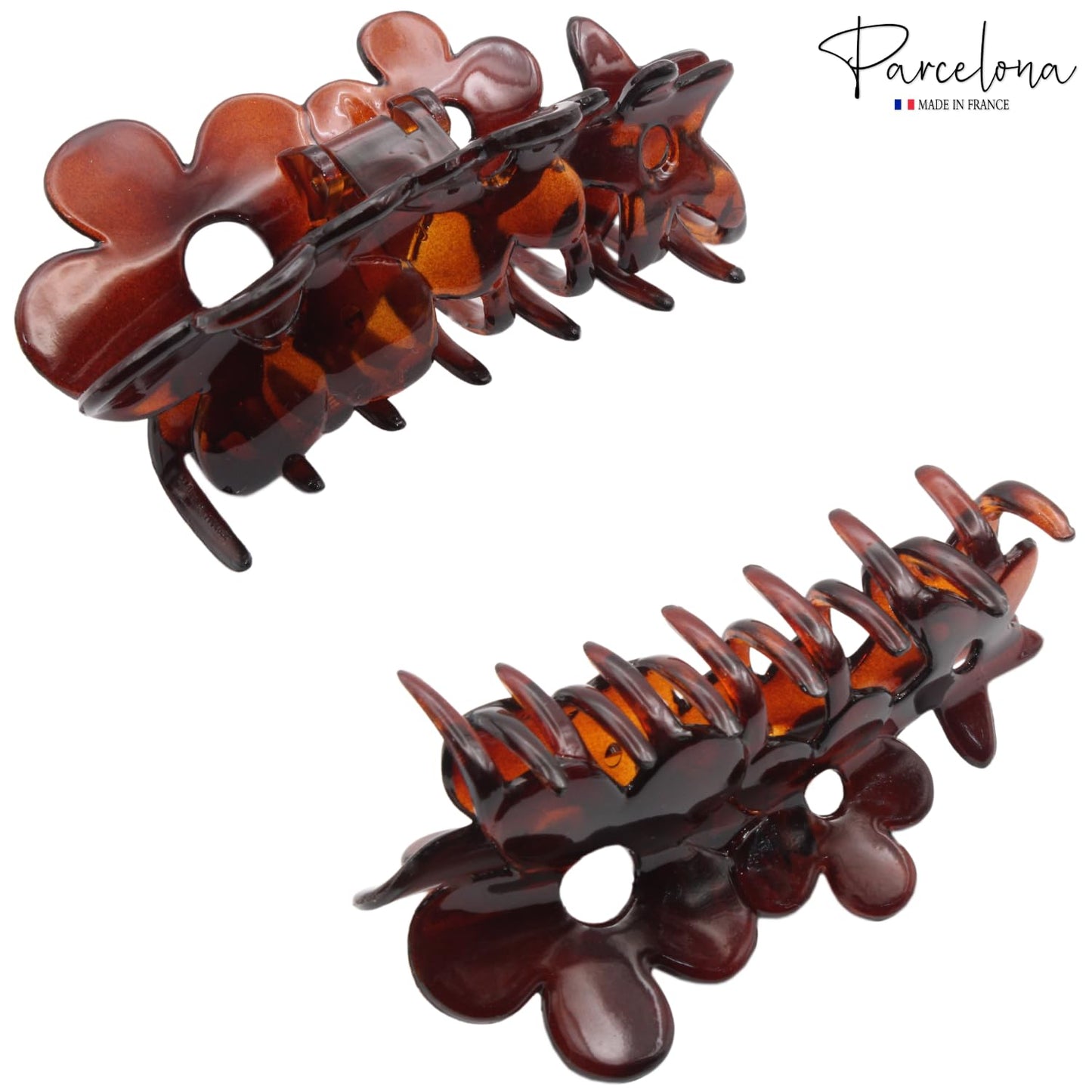 Parcelona French Flowers Medium Covered Spring Brown Tortoise Shell Celluloid Jaw Hair Claw Clips for Women, Made in France