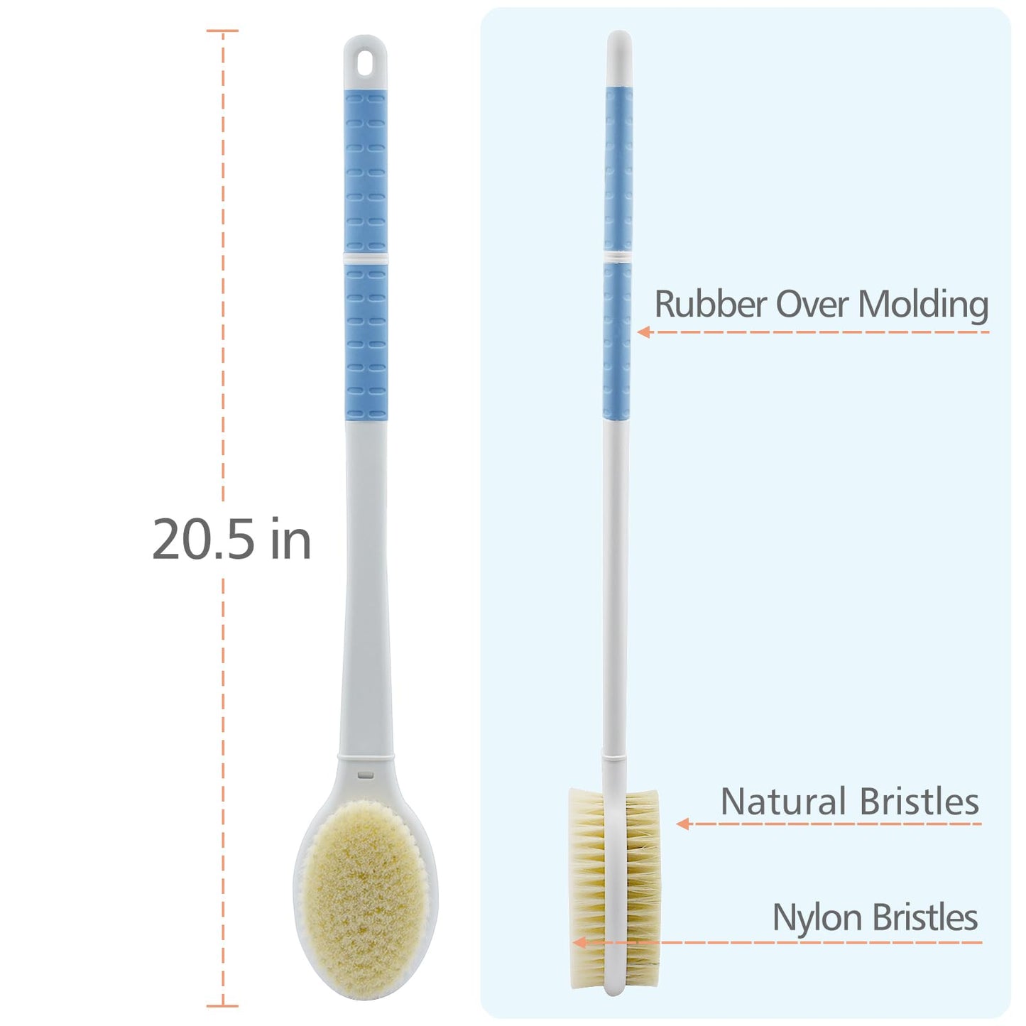 Shower Brush with Soft and Stiff Bristles,20.5" Extra Long Handle Dual-Sided Back Scrubber Bath Brush Body Exfoliator for Wet or Dry Brushing (Extra