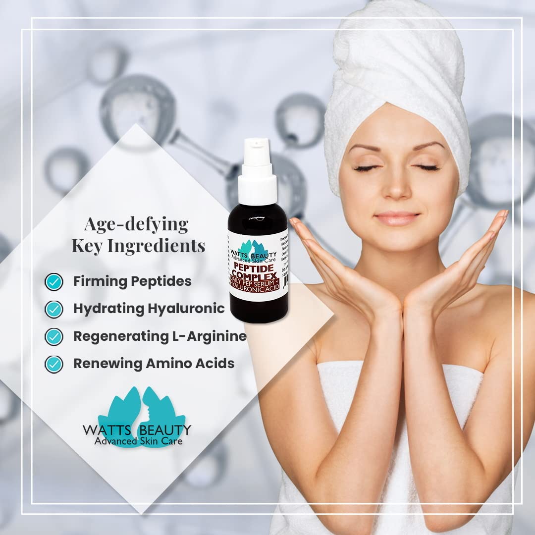 Watts Beauty Peptide Anti-Aging Face Serum - Hyaluronic Acid and Collagen Boosting Daily Face Care Polypeptide Complex with L-Arginine Firms Wrinkles