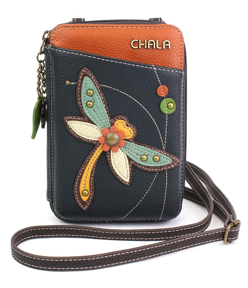 CHALA Wallet Crossbody Cell Phone Purse - Women Faux Leather Multicolor Handbag with Adjustable Strap - Dragonfly - navy