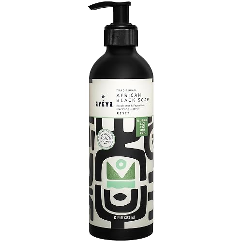 AYÉYA Liquid African Black Soap - Reset | Peppermint, Eucalyptus & Neem Oil | Detox Vegan Face & Body Wash for Acne, Oil & Pores | Cleanser with Shea