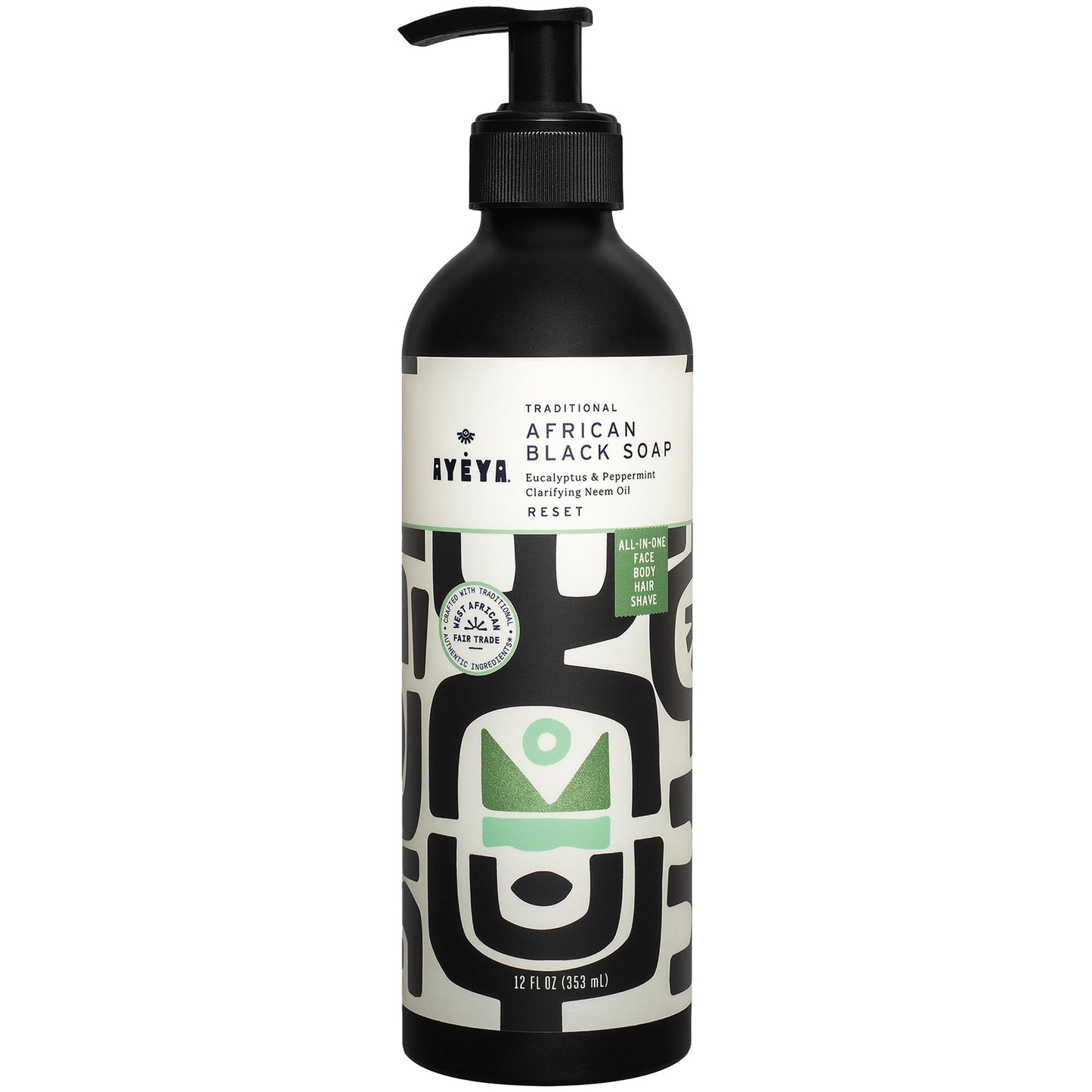 AYÉYA Liquid African Black Soap - Reset | Peppermint, Eucalyptus & Neem Oil | Detox Vegan Face & Body Wash for Acne, Oil & Pores | Cleanser with Shea
