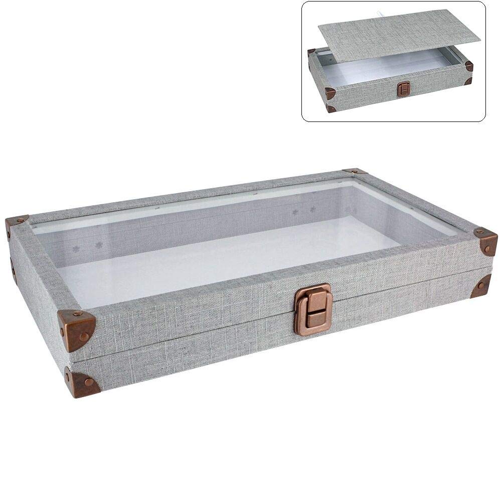 888 Display USA - Grey Linen Covered Jewelry Case with Glass Top and latch