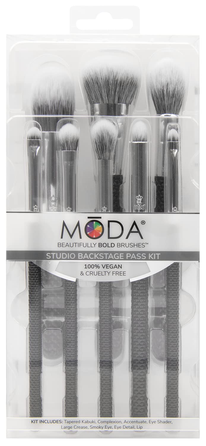 Moda Studio Backstage Pass 8pc Makeup Brush Kit - Complete Face & Eye Brush Set with Travel Pouch